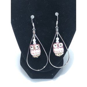 Handmade Owl Hoop Earrings-Silver Toned, Pink Ceramic Bird W/ Pearl Elements.